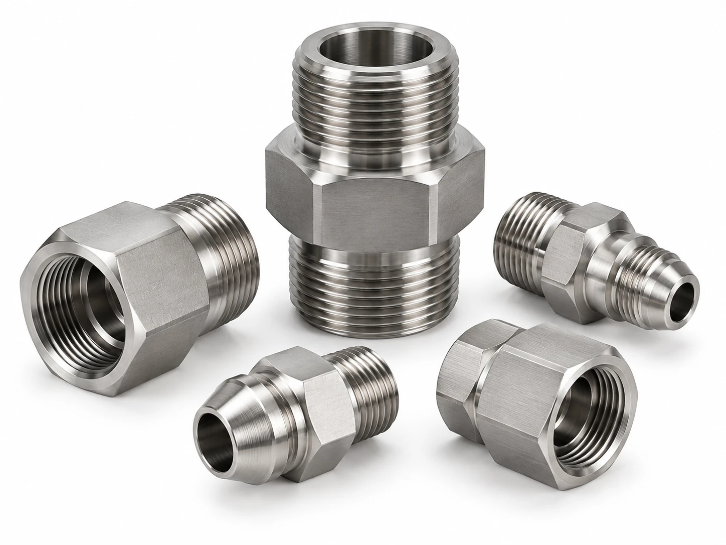 CNC turned nickel alloy fittings and adapters with external threads, internal threads and hexagonal flats