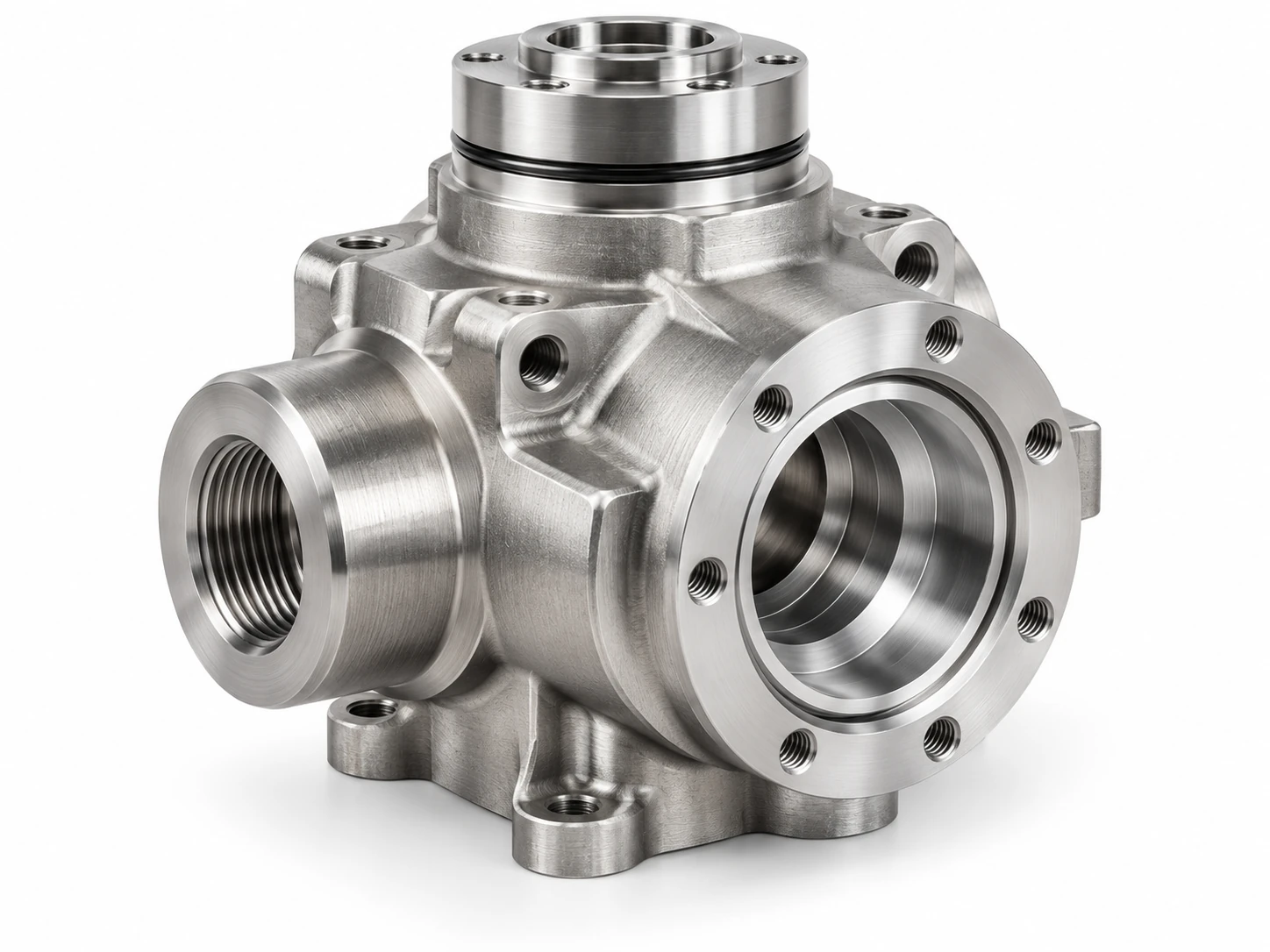 Precision CNC machined nickel alloy valve housing with threaded ports and sealing surfaces