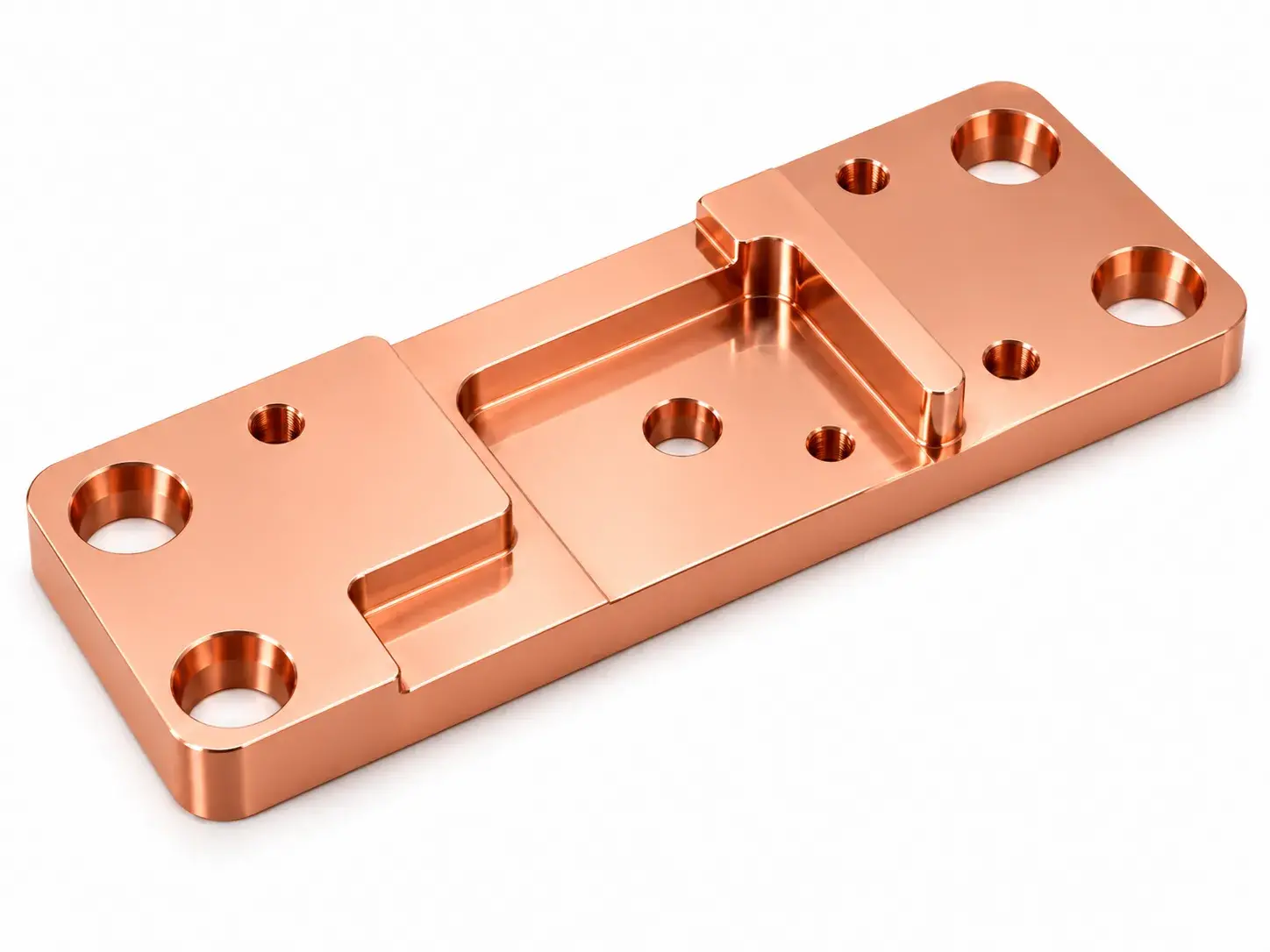 Polished CNC machined copper component with smooth reflective surface
