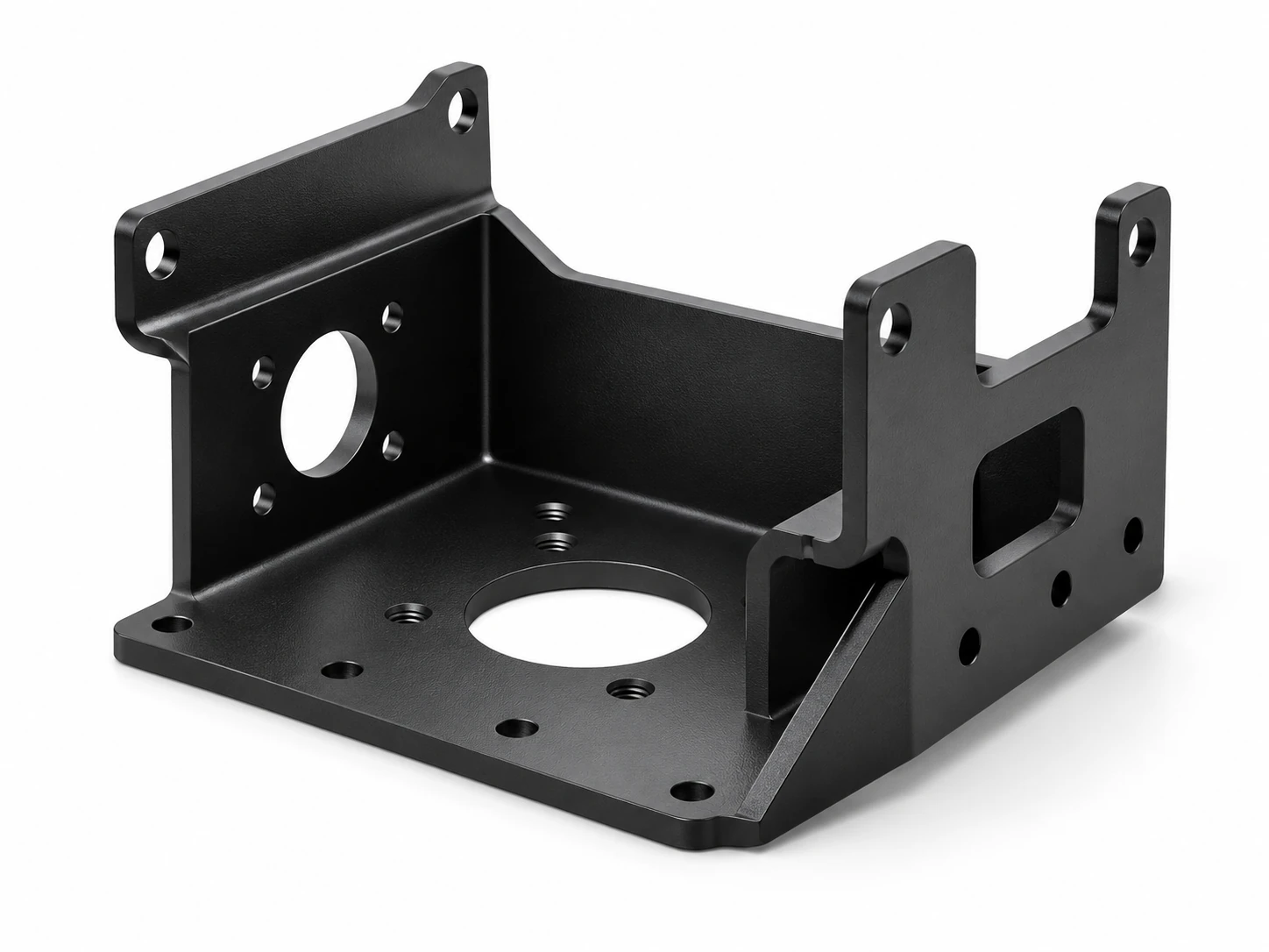 Black powder-coated steel mounting bracket with multiple holes and structural features