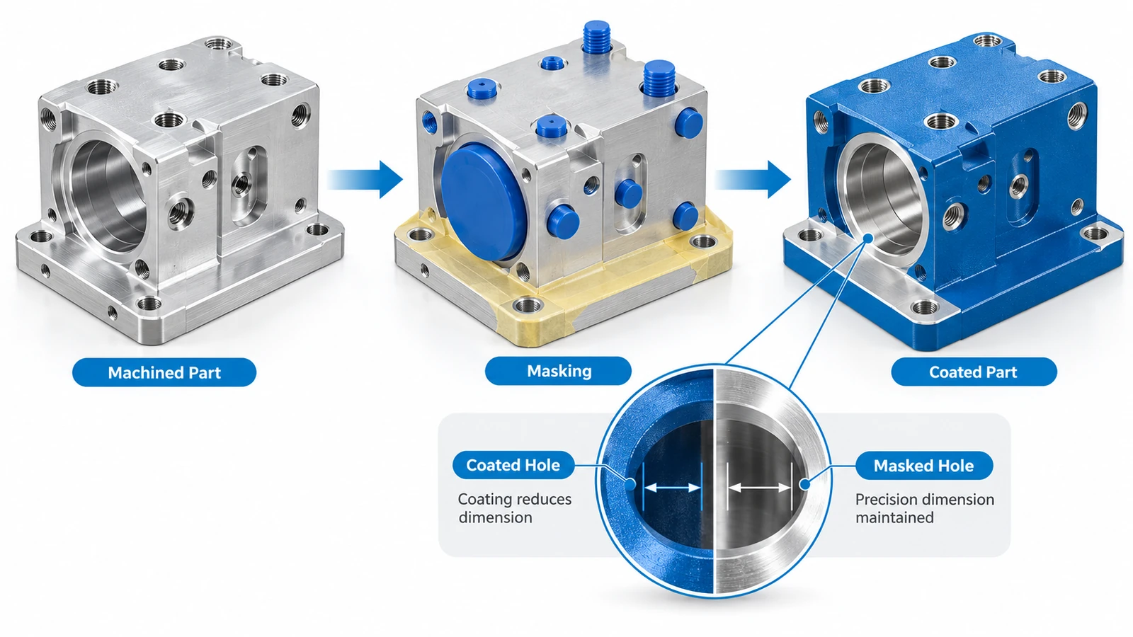 CNC machined aluminum housing showing masking of threaded holes, precision bores and mating surfaces before powder coating