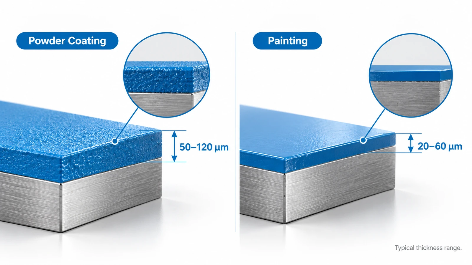 Cross-section comparison showing powder coating thickness of 50–120 microns and paint thickness of 20–60 microns
