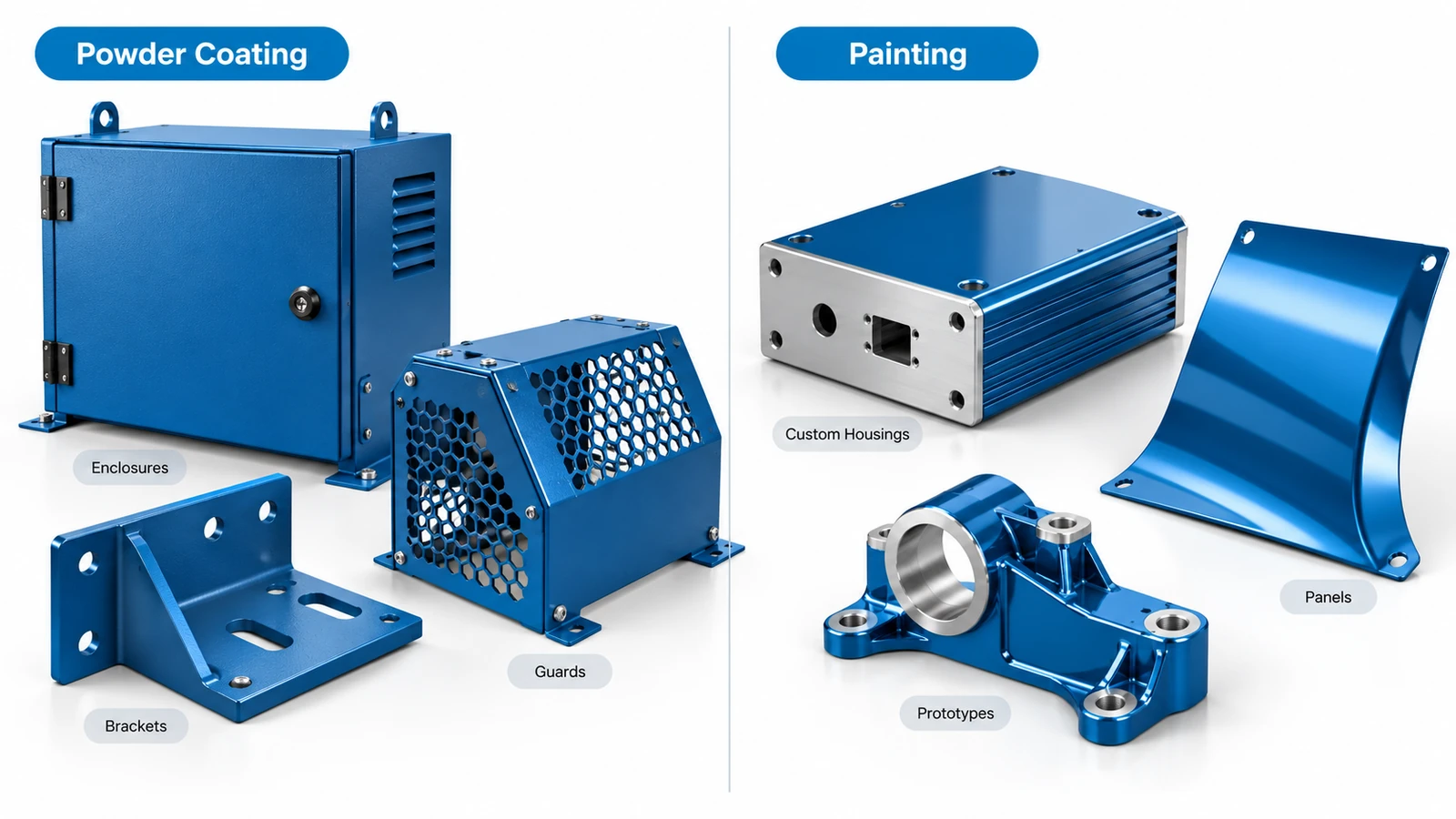 Comparison of powder coated industrial enclosures and brackets with painted custom metal housings and prototypes