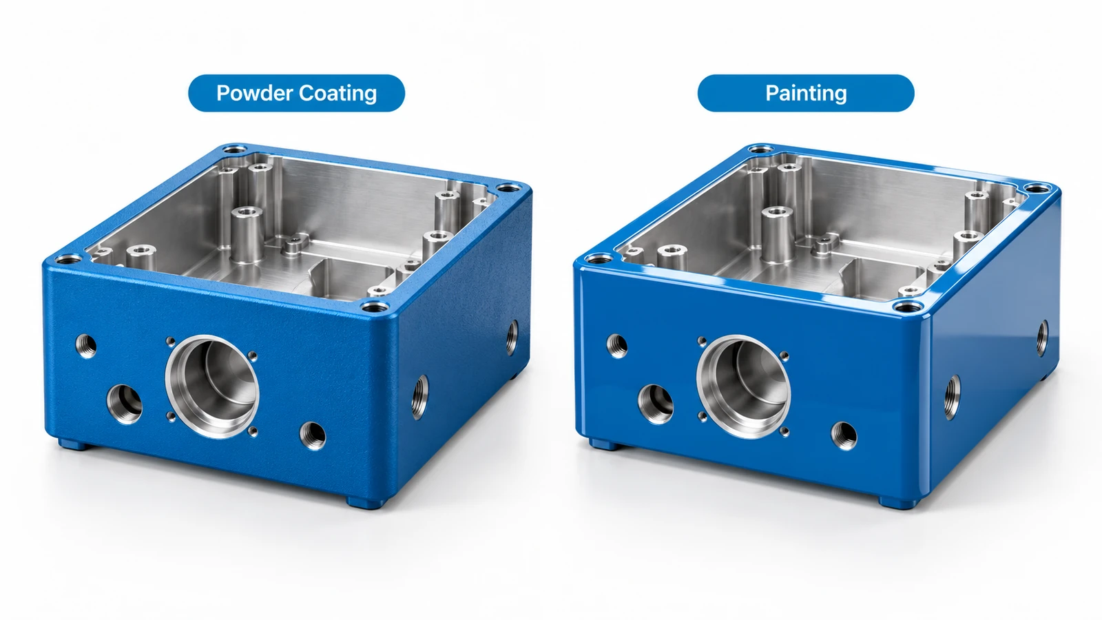 Powder coating vs painting comparison on identical CNC machined aluminum housings