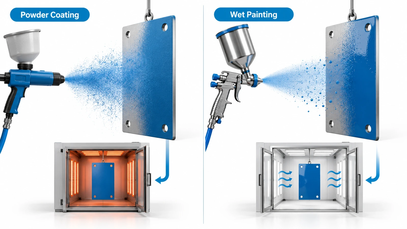 Comparison of electrostatic powder coating and wet spray painting processes on metal parts