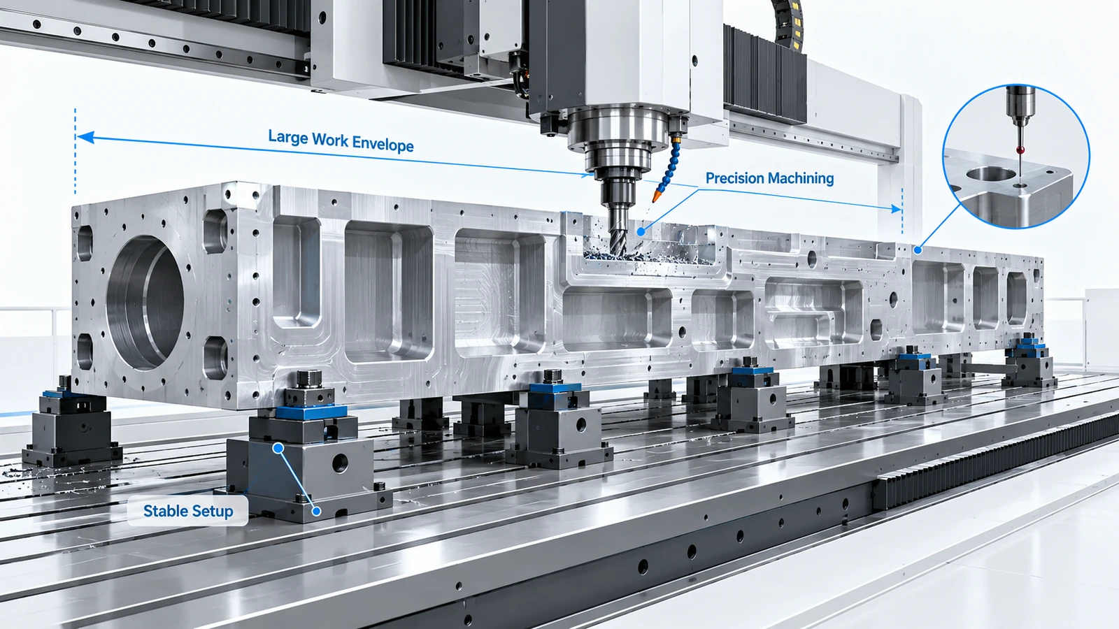 Precision CNC machining setup for large parts showing machine access, workholding and inspection planning