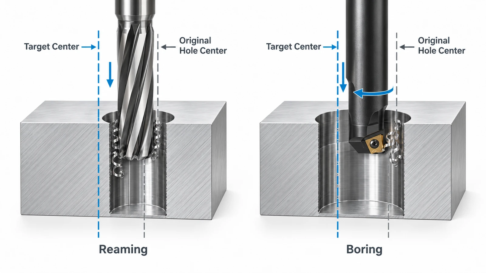 Reaming and boring comparison showing differences in correcting an off-center drilled hole