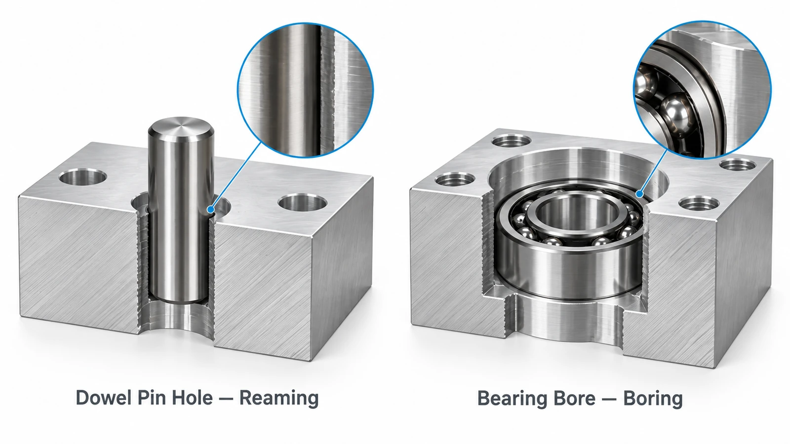 Precision dowel pin hole finished by reaming compared with a bearing housing bore finished by boring