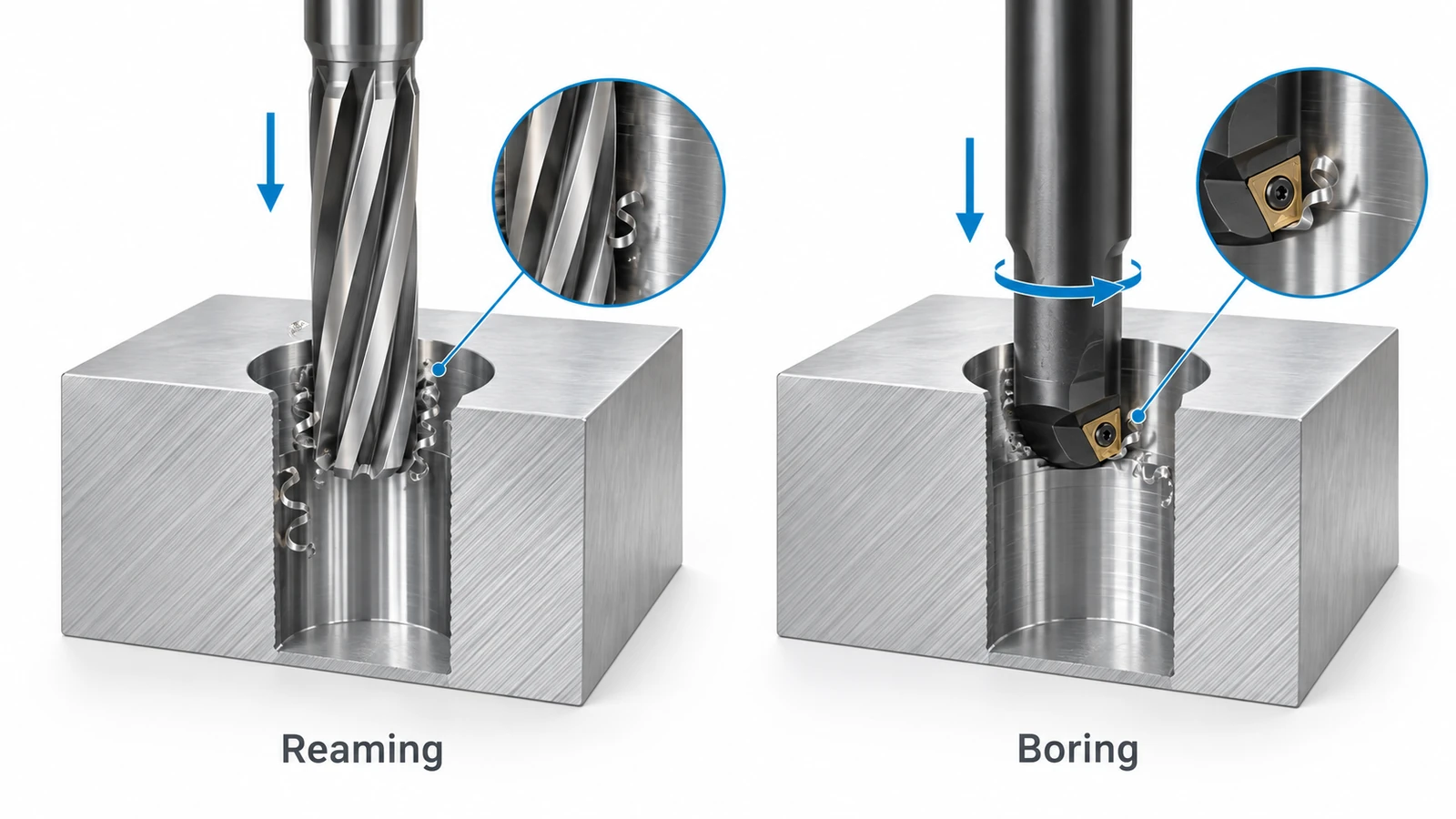 Reaming vs boring comparison showing a multi-flute reamer and single-point boring tool machining aluminum holes