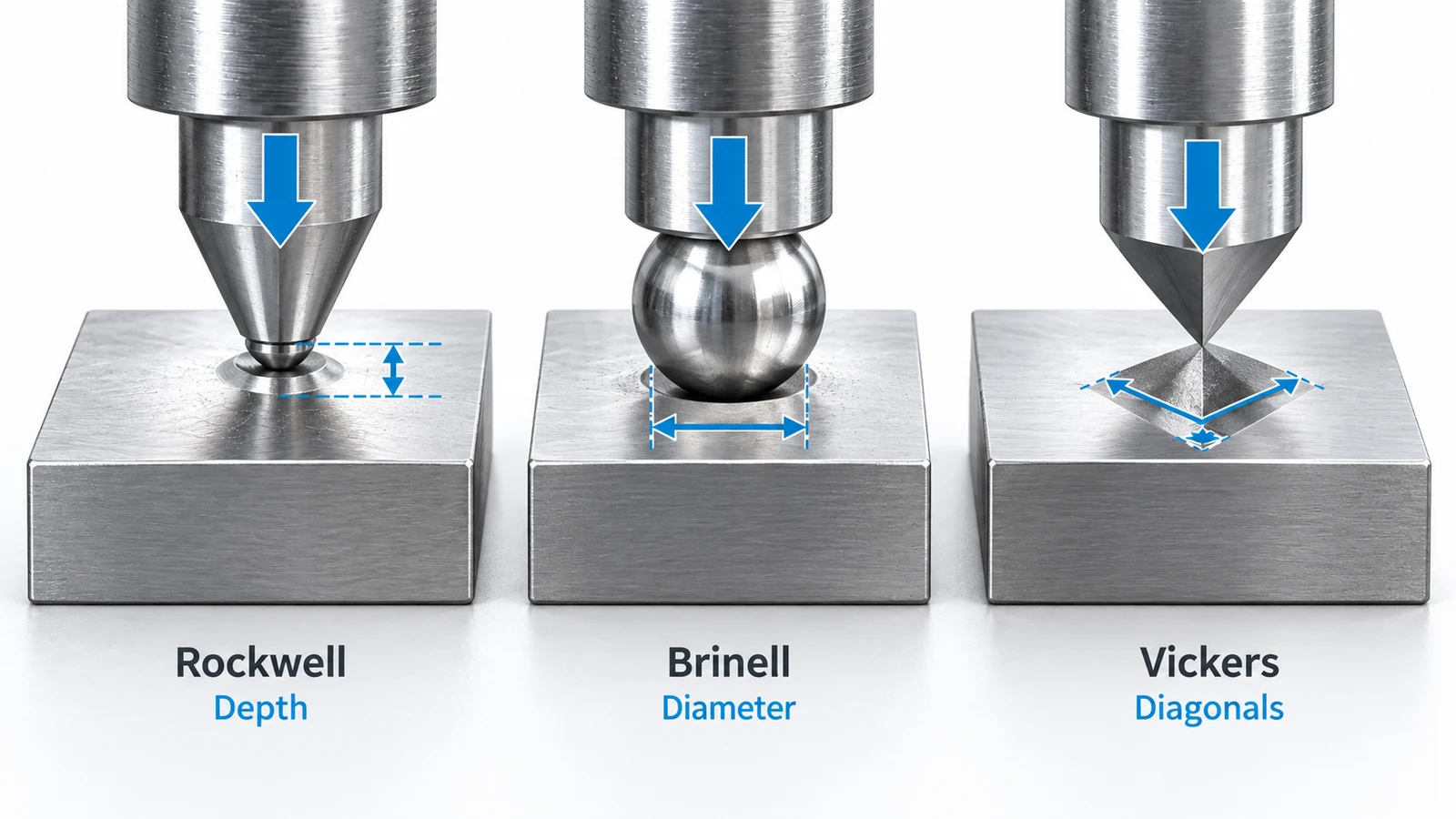Rockwell, Brinell, and Vickers hardness testing methods and indentation shapes
