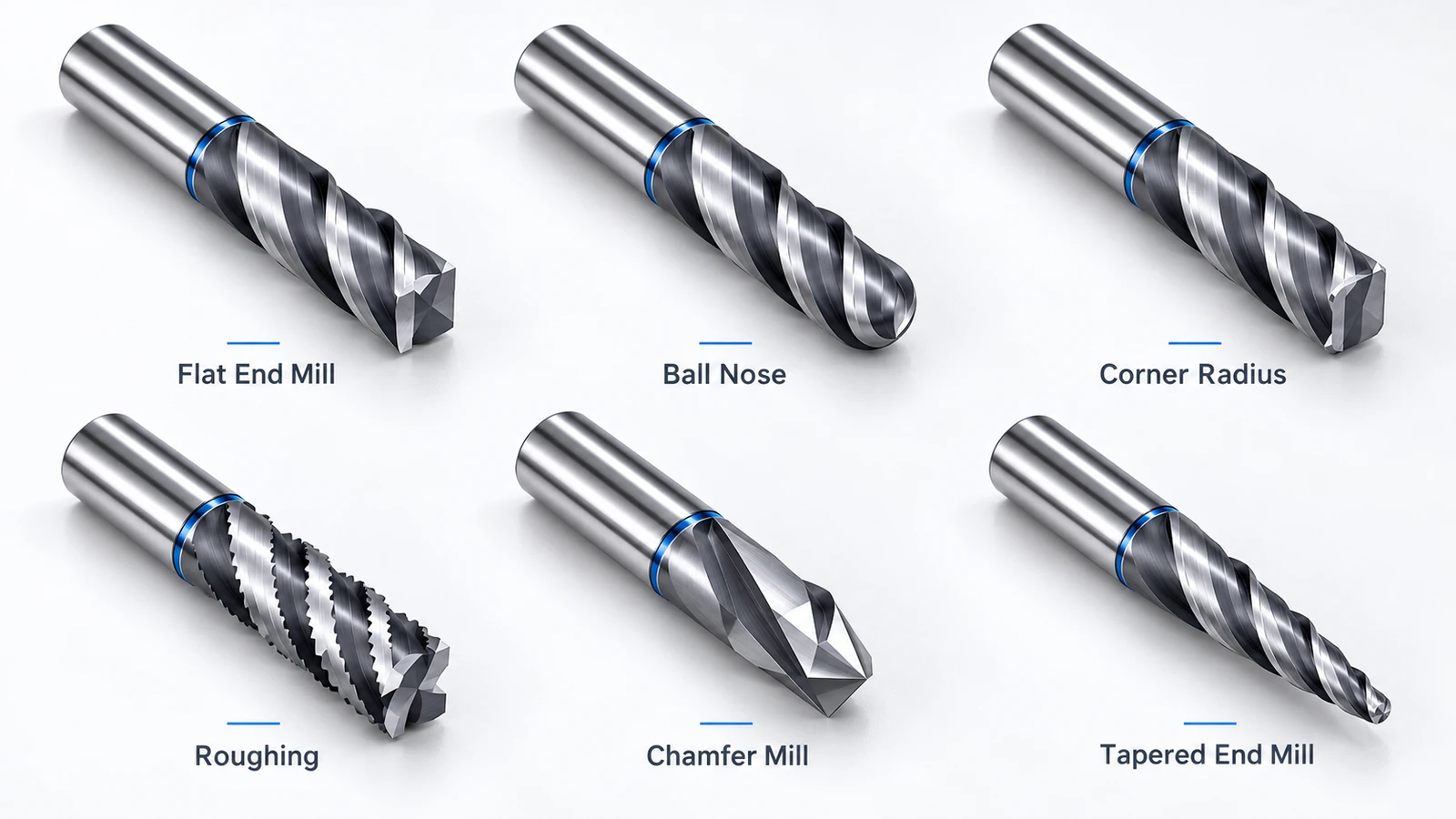 Six types of end mills including flat, ball nose, corner radius, roughing, chamfer, and tapered cutters
