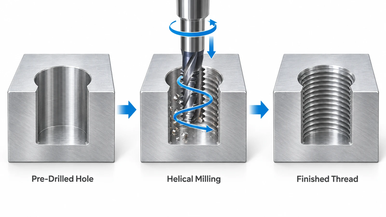 CNC thread milling process showing a rotating cutter following a helical path to create internal threads