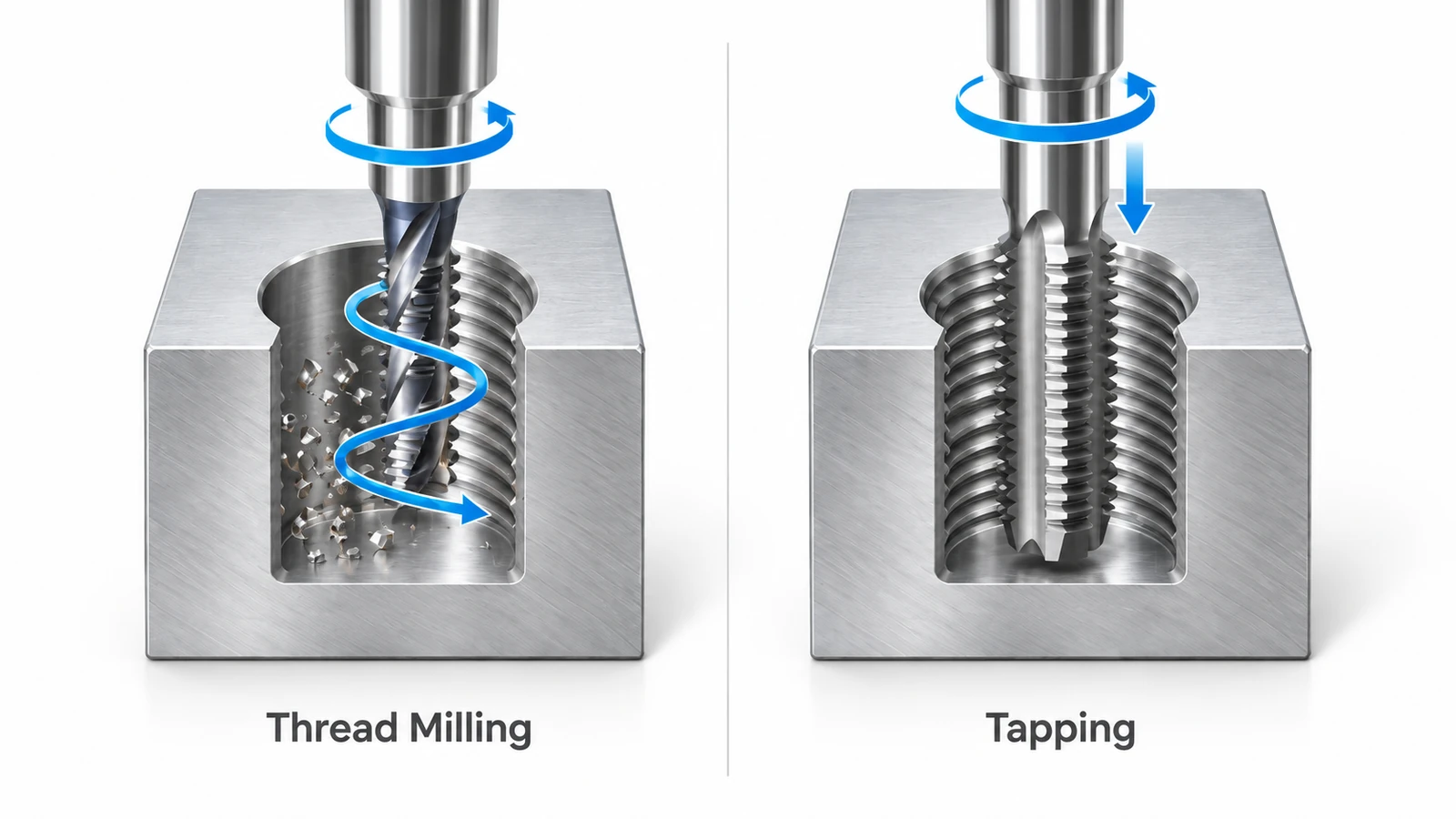 Thread milling vs tapping showing differences in cutting tools and machining movements