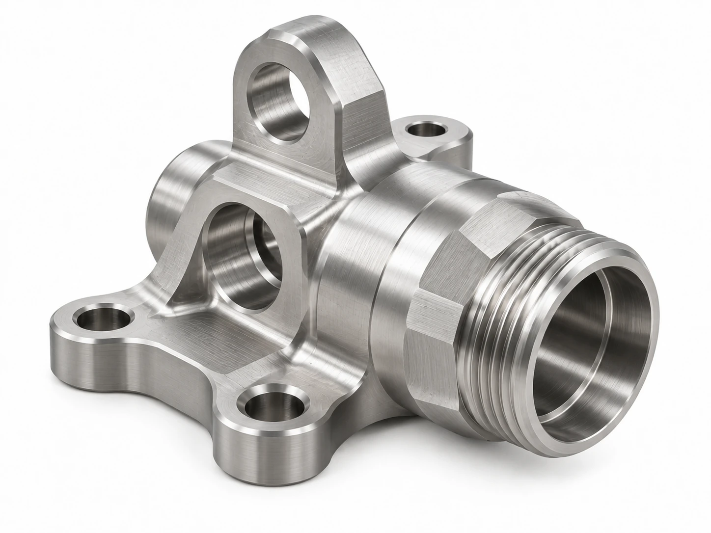CNC machined titanium connectors and fittings with cross holes and milled flats