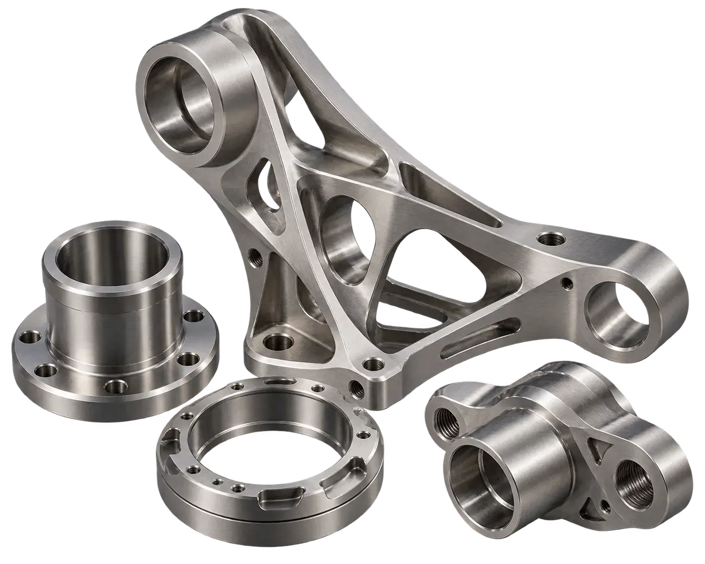 Precision CNC machined titanium parts including a complex milled bracket and turned components