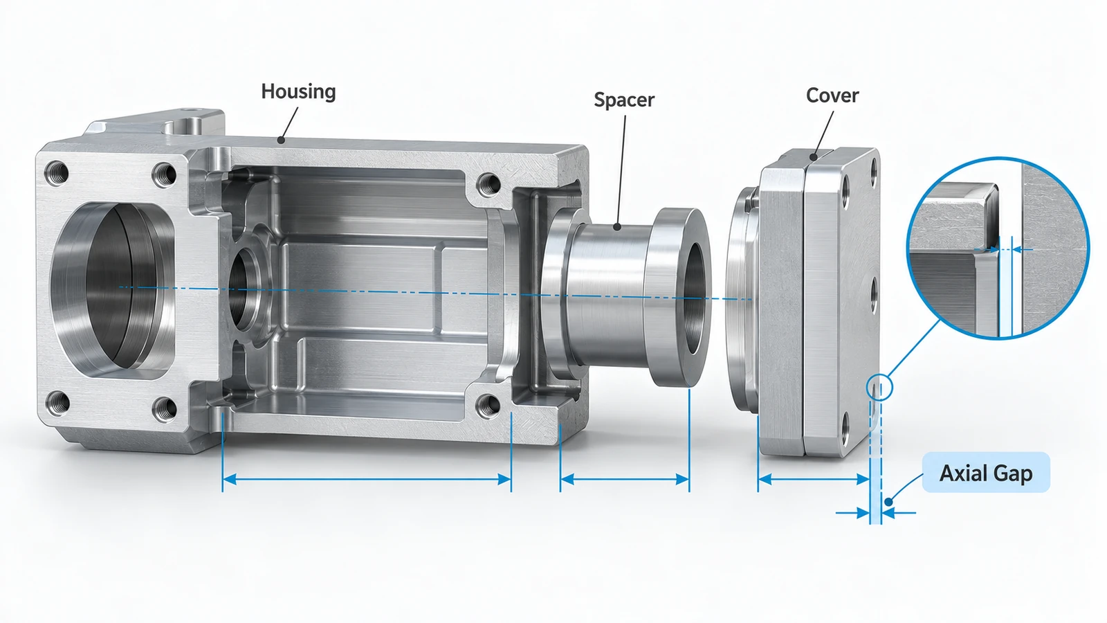 Tolerance stack up analysis in a CNC machined aluminum housing assembly showing accumulated dimensions and axial clearance