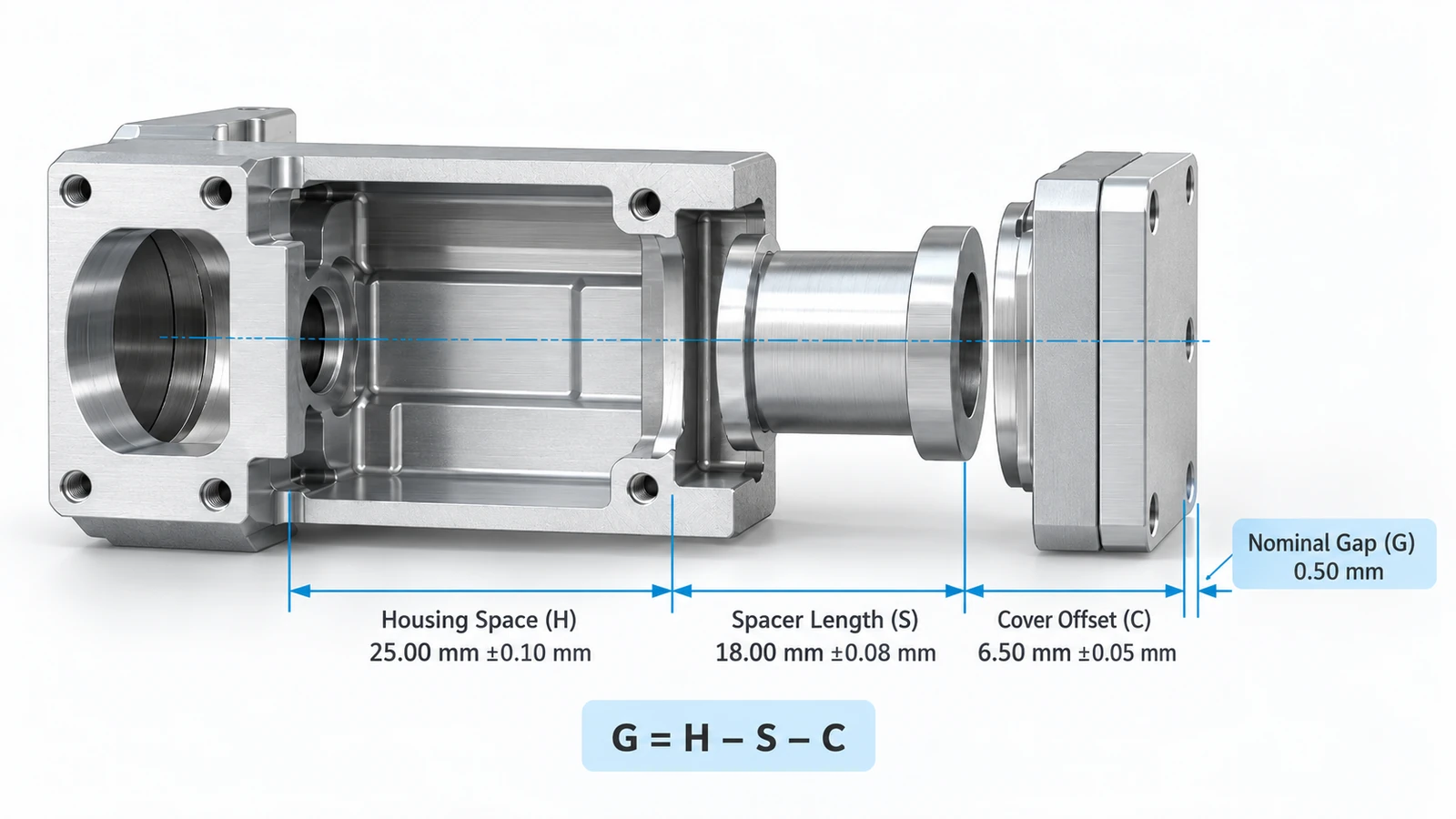 Tolerance stack up dimension chain showing housing spacer and cover dimensions used to calculate assembly gap