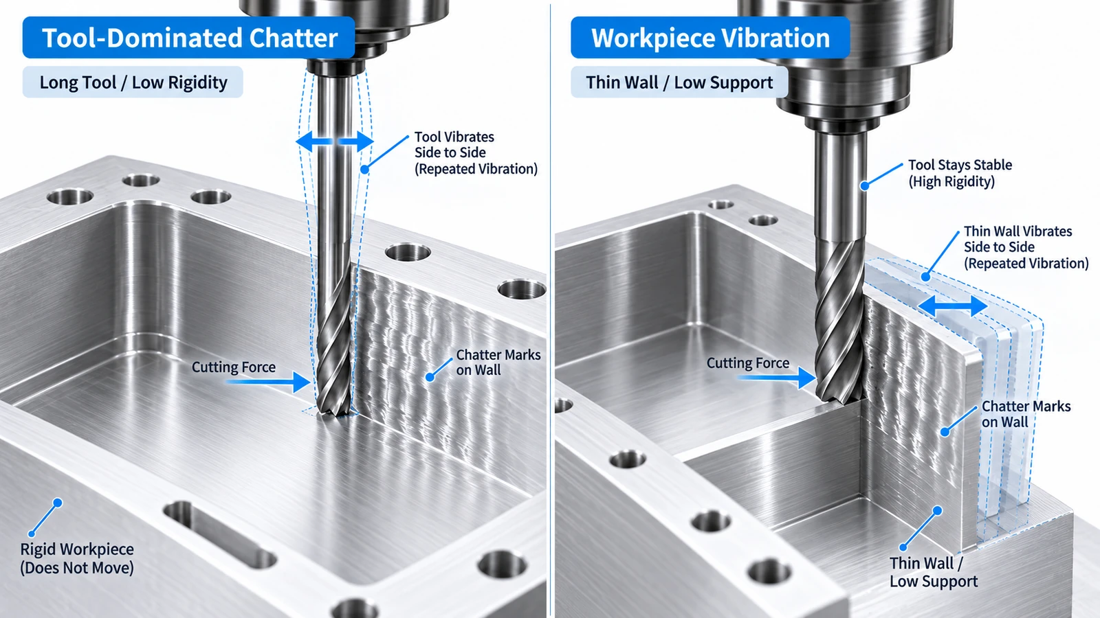 Tool chatter vs workpiece vibration during CNC milling of rigid and thin wall aluminum parts
