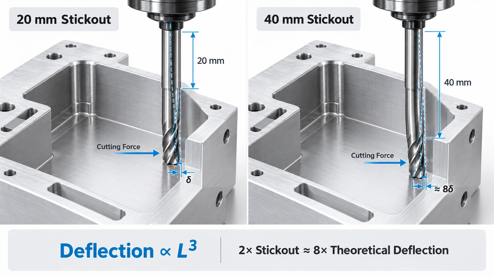 Tool stickout comparison showing increased CNC end mill deflection with longer unsupported length