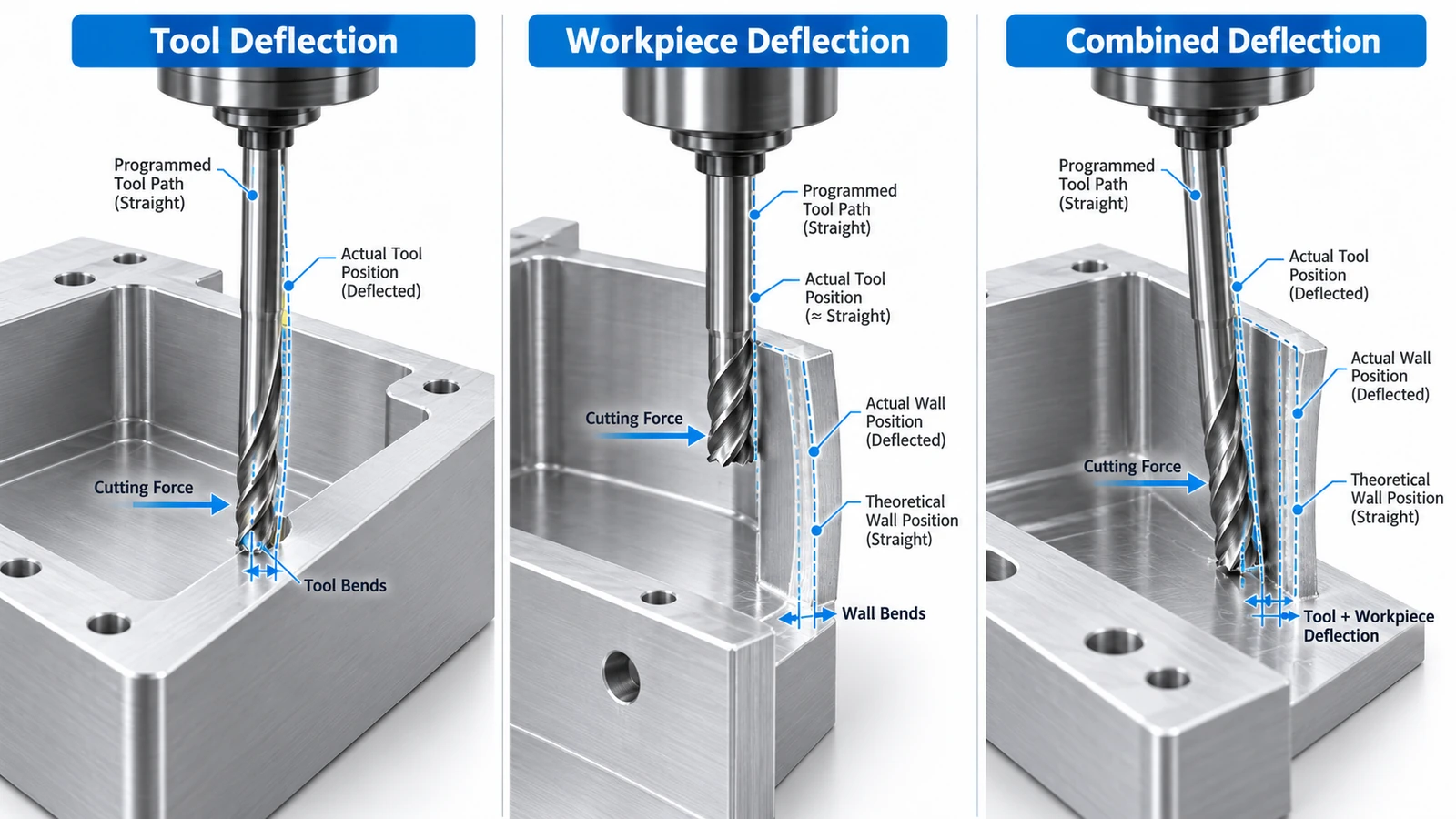 Tool deflection vs workpiece deflection during CNC milling of a thin aluminum wall