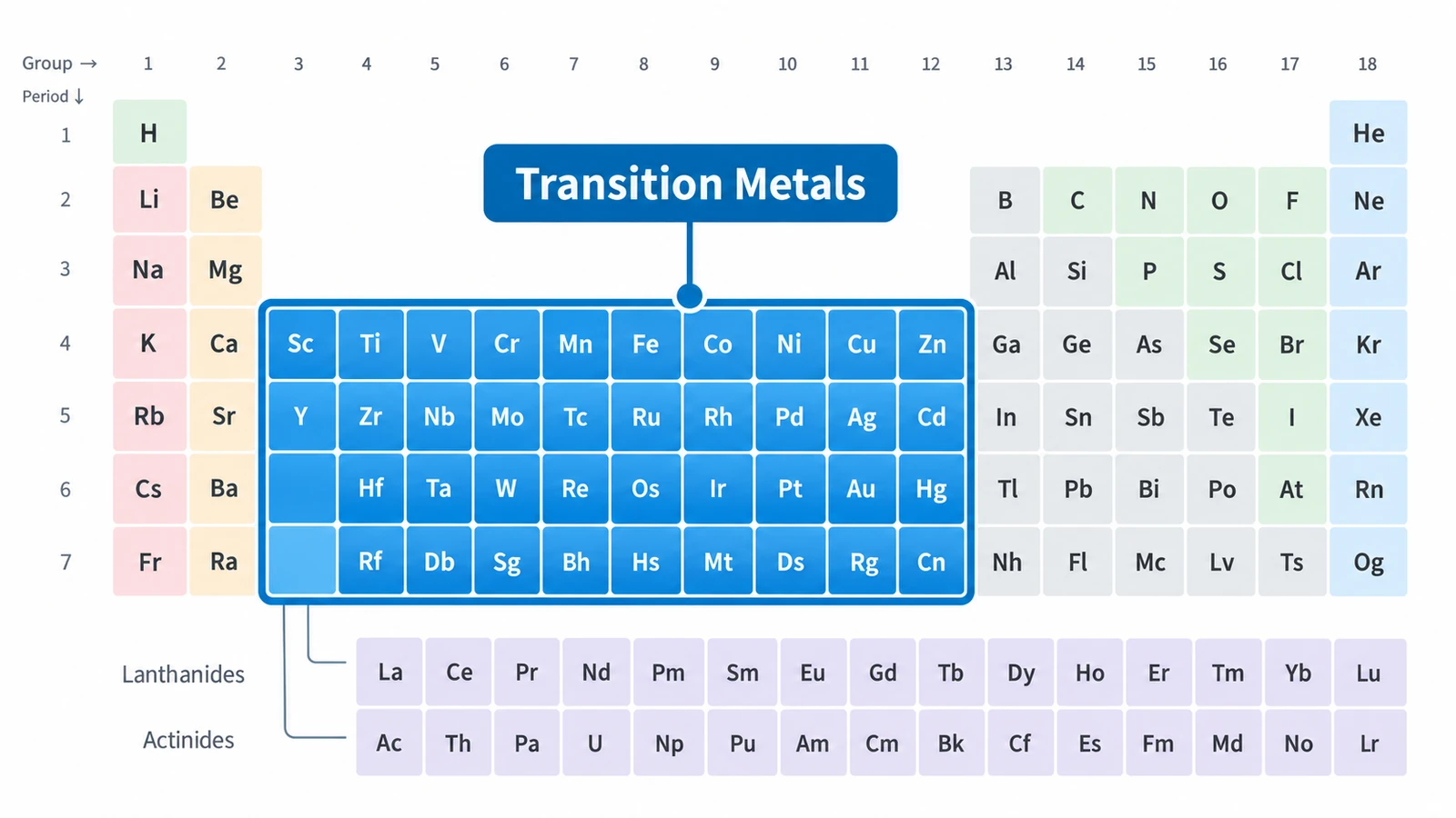 Transition metals periodic table showing the d-block elements in groups 3 to 11
