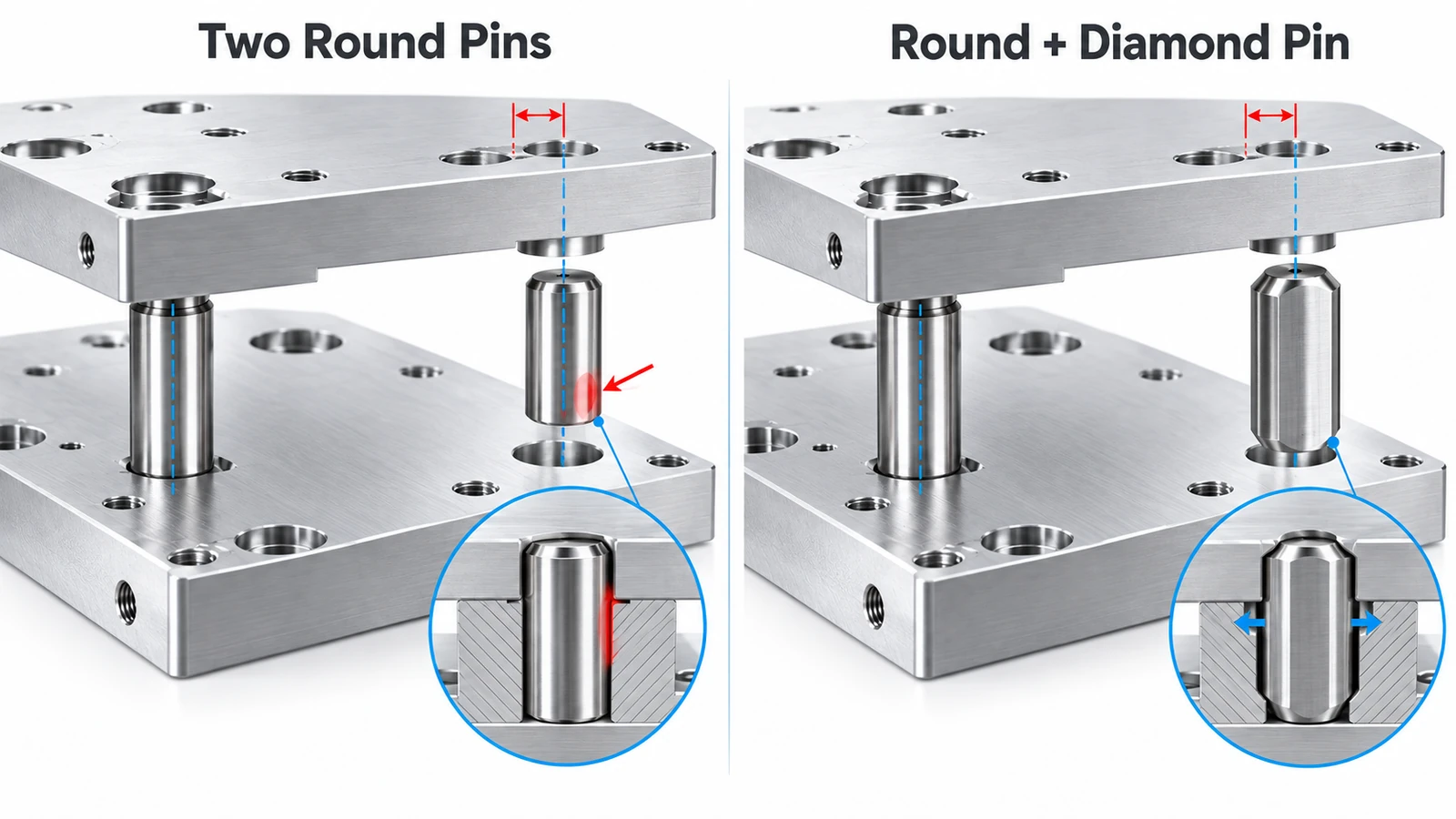 Two round dowel pins causing alignment binding compared with a round and diamond locating pin arrangement