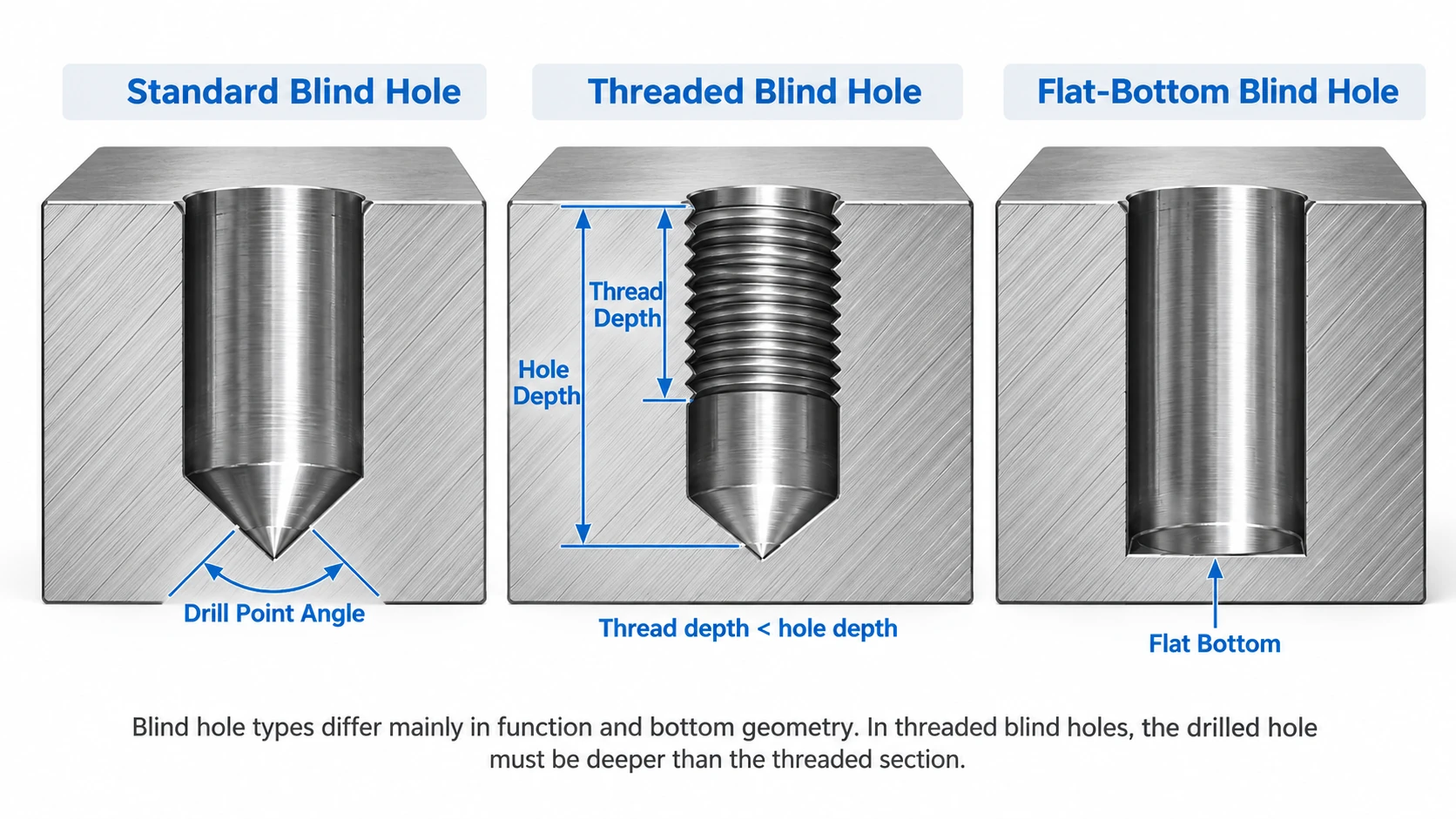 Three types of blind holes showing standard drilled, threaded, and flat-bottom holes with different bottom geometries and depths.