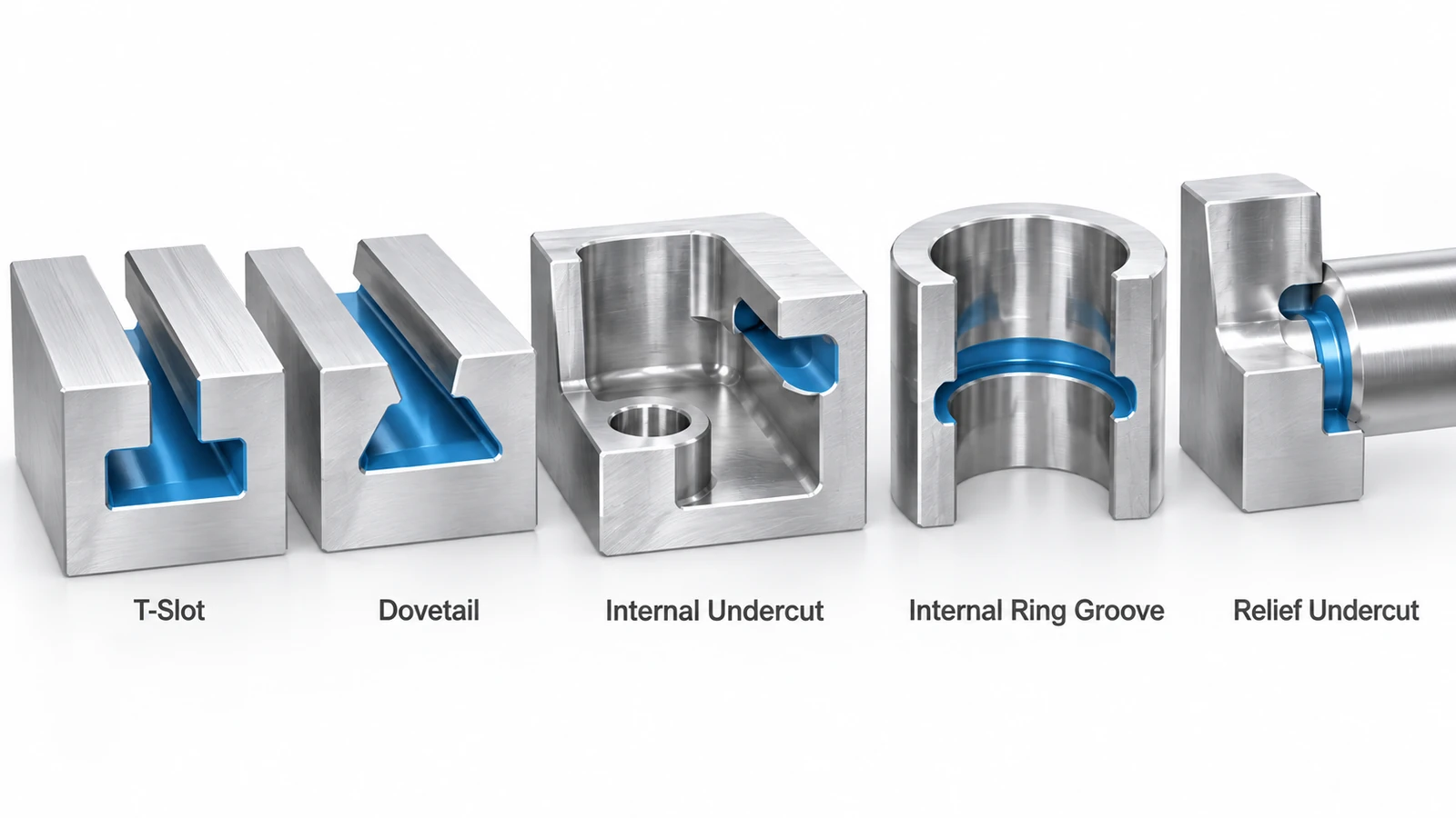 Five common CNC undercut types including T-slot dovetail internal undercut ring groove and relief undercut