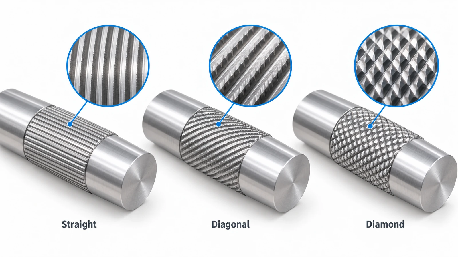 Straight diagonal and diamond knurling patterns compared on three CNC machined metal cylinders