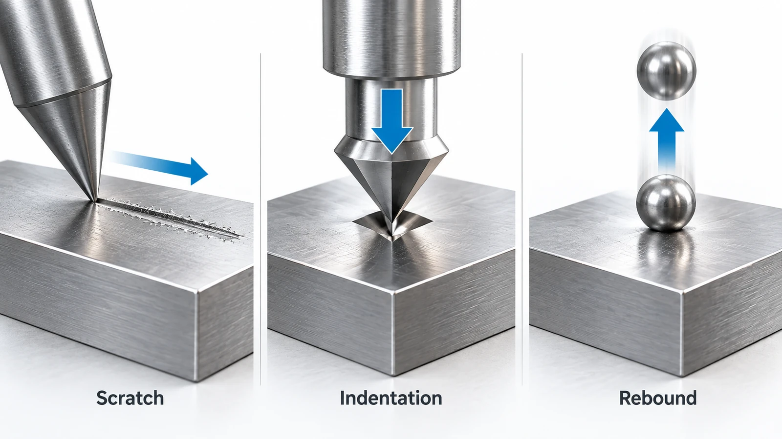 Comparison of scratch, indentation, and rebound hardness testing principles