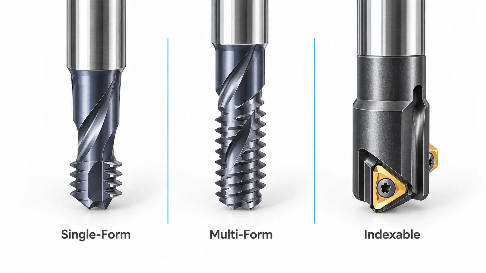 Comparison of single-form, multi-form, and indexable thread milling cutters