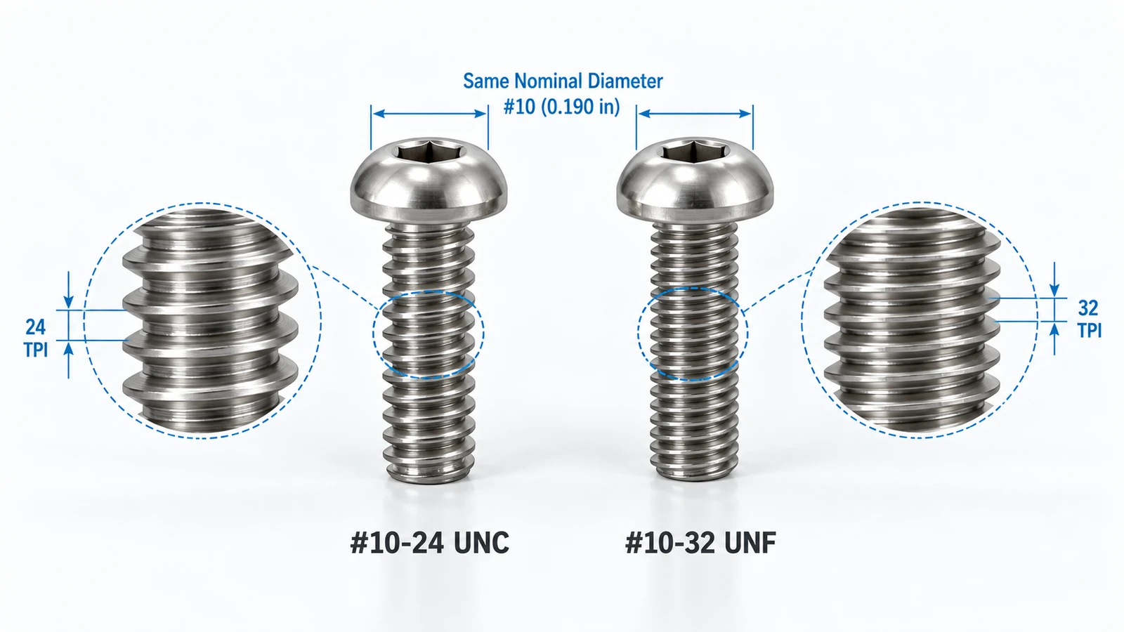 Comparison of #10-24 UNC coarse threads and #10-32 UNF fine threads with different thread pitches