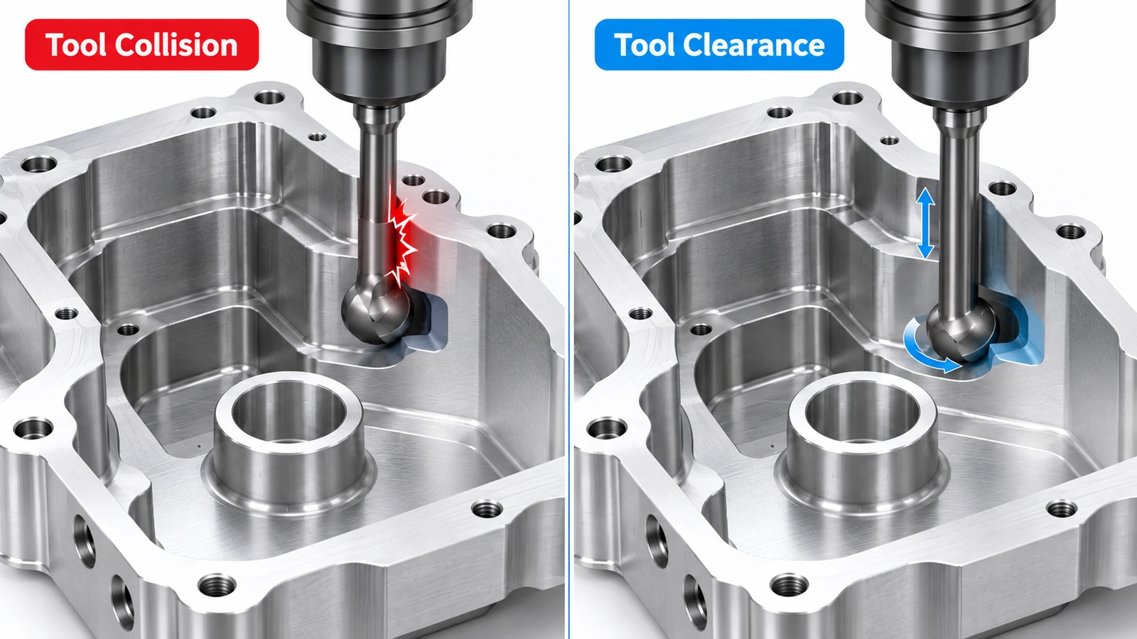 CNC undercut tool collision versus adequate cutter neck clearance inside a machined aluminum cavity