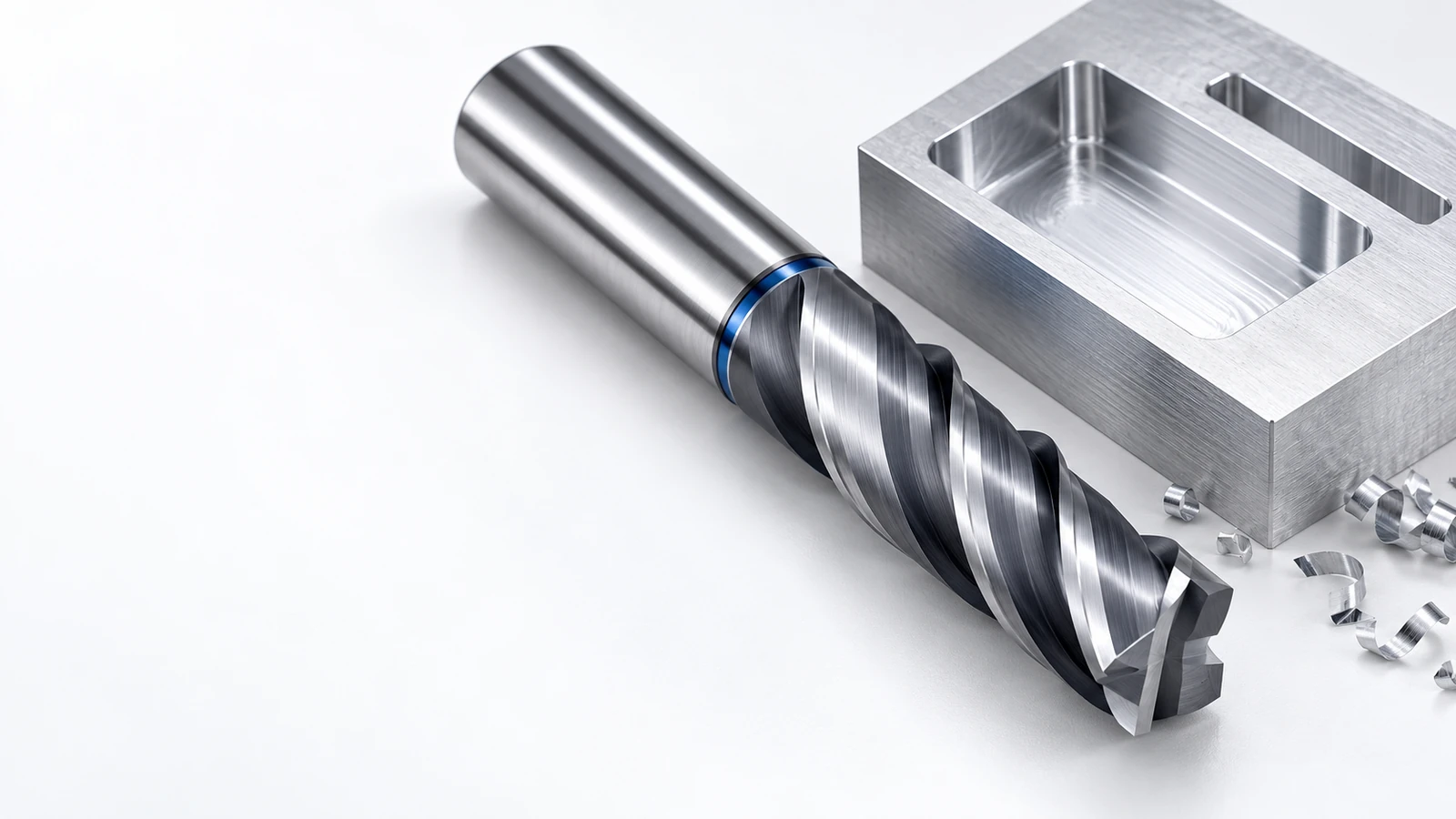 CNC end mill cutting tool showing flutes, cutting edges, shank, and tool geometry