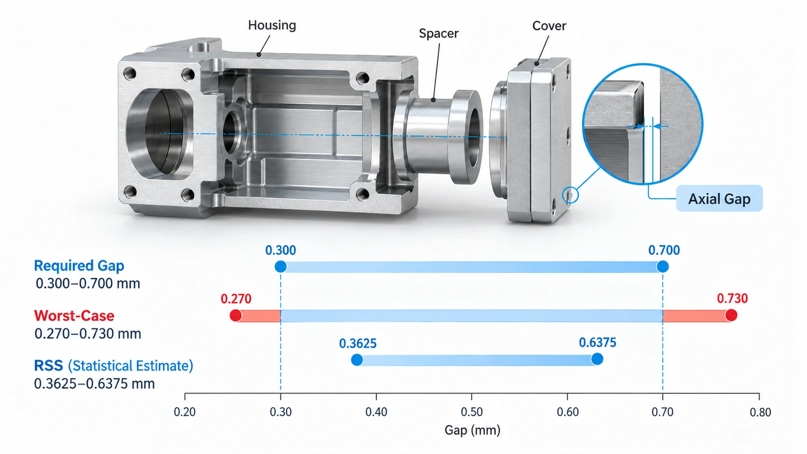 Worst case vs RSS tolerance stack up comparison showing calculated assembly gap ranges and required limits