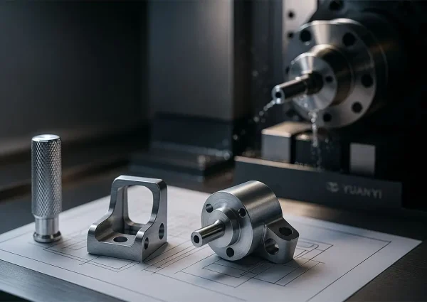 Prototype machining — CNC mill cutting an aluminum prototype part with an end mill; fixtured block, coolant mist, calipers and drawing.